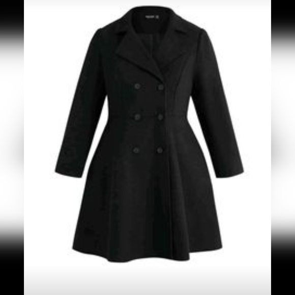Black Double Breasted Wool like Coat with Slant Pockets - Picture 2 of 16